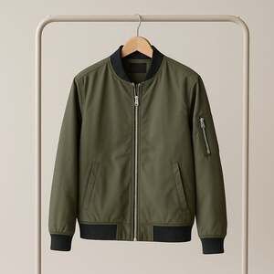 Green Bomber Jacket with Ribbed Trim and Relaxed Fit